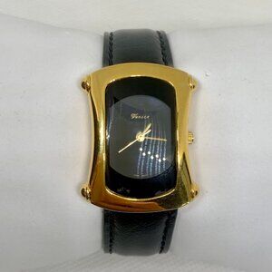 Venice women gold tone watch 24mm quartz analog black dial leather band running